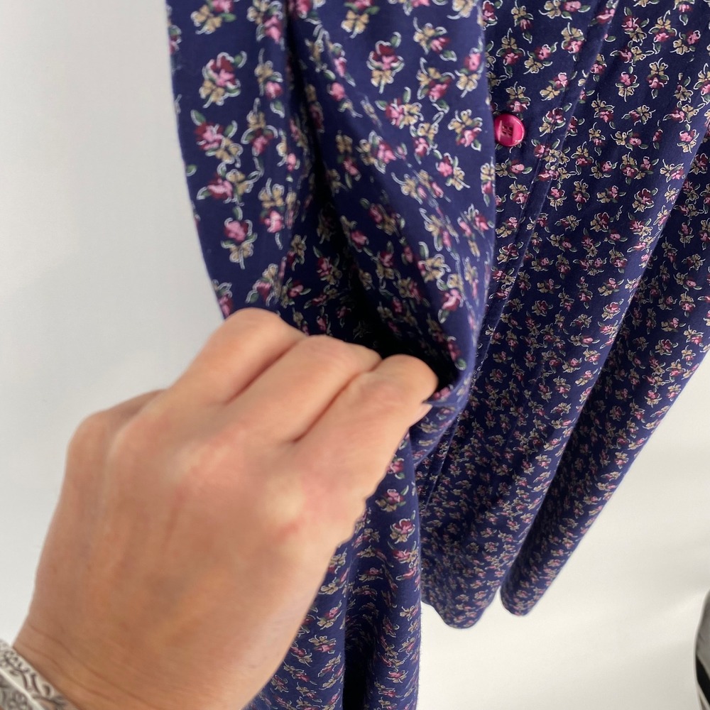 Vintage Navy Blue Pink Floral Midi Dress S Cottage Prairie Button Puff Sleeve - Picture 6 of 15
